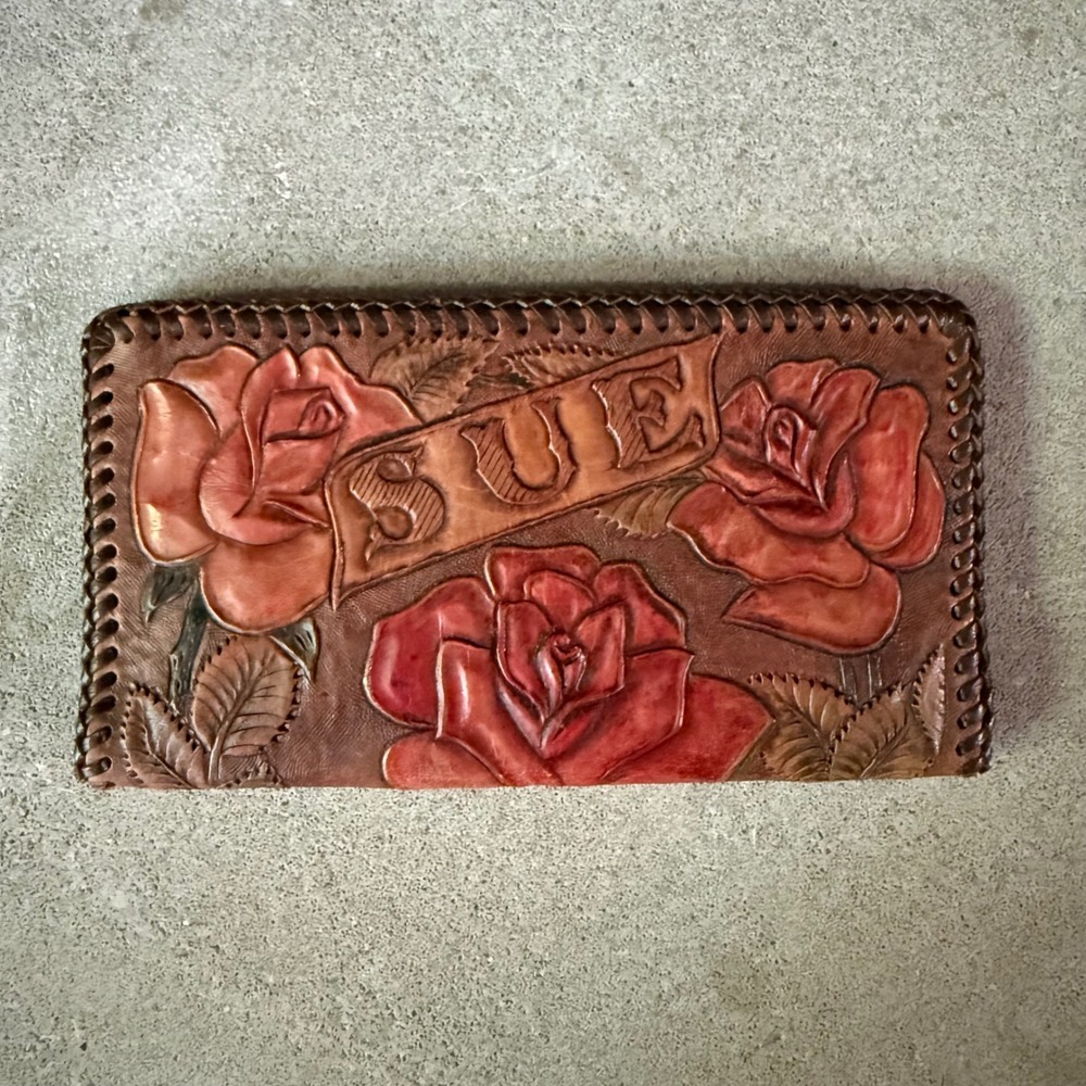 Vintage Hand Tooled Leather WalletRed Roses Floral Western Checkbook Cover Sue